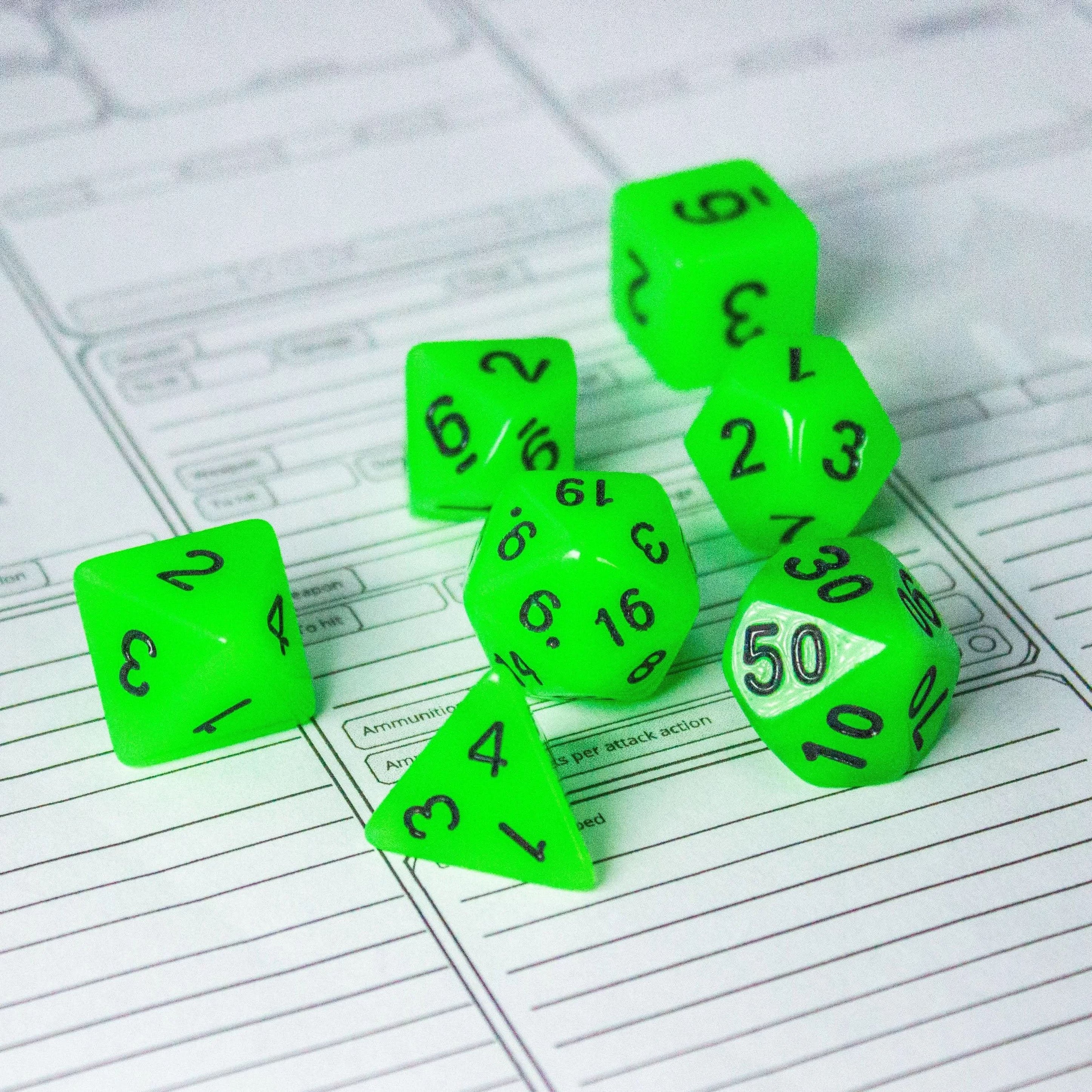 Green Glow In The Dark Dice! Full Set of RPG TTRPG  Dice    - MysteryDiceGoblins