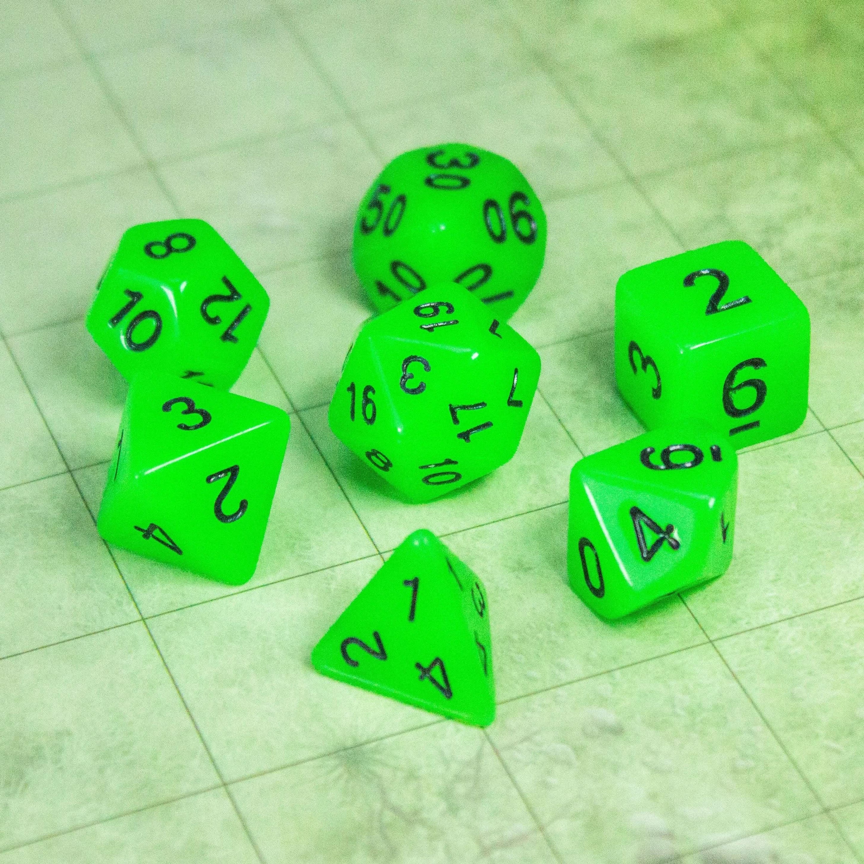 Green Glow In The Dark Dice! Full Set of RPG TTRPG  Dice    - MysteryDiceGoblins