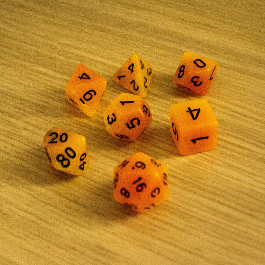 Orange Glow In The Dark Dice! Full Set of RPG dnd Dice Dungeons and Dragons - MysteryDiceGoblins