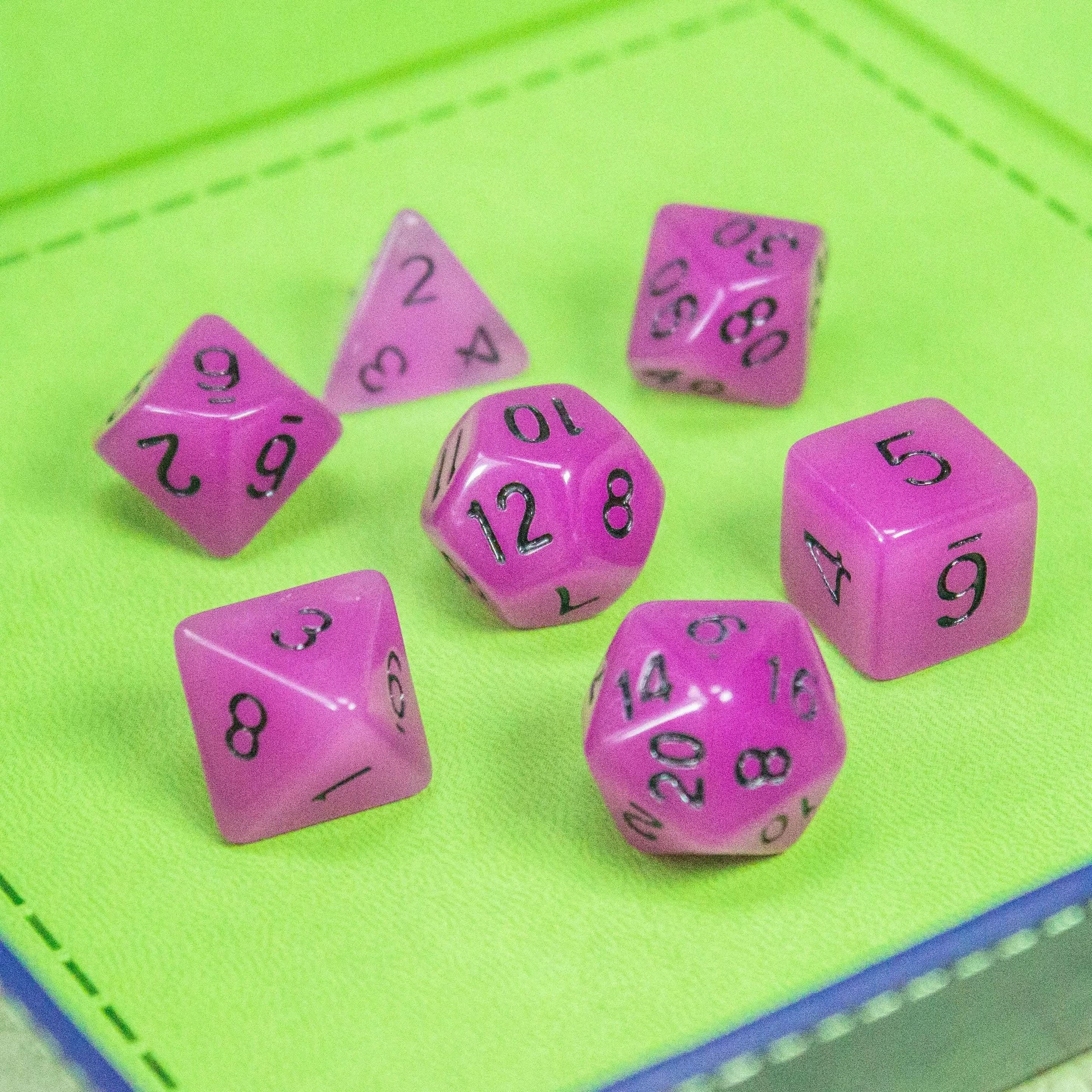 Purple Glow In The Dark Dice! Full Set of RPG TTRPG  Dice    Yellow Green Bliue Purple Orange - MysteryDiceGoblins