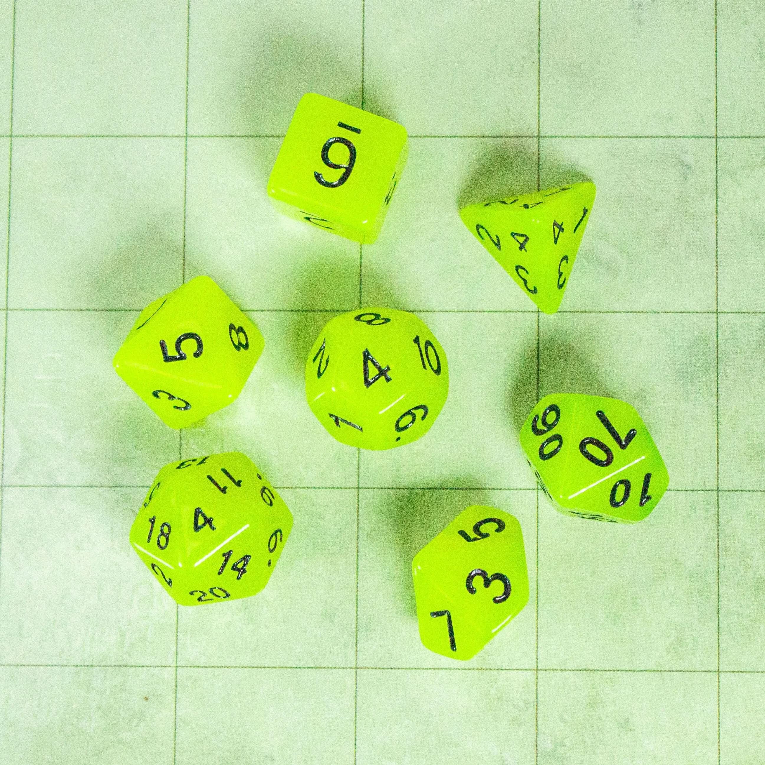 Yellow Glow In The Dark Dice! Full Set of RPG TTRPG  Dice    - MysteryDiceGoblins