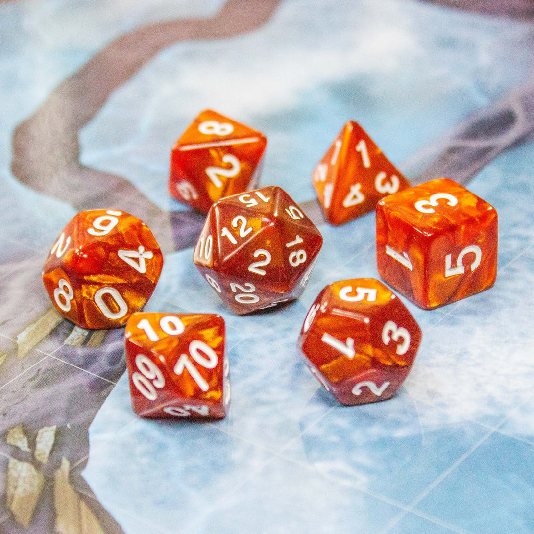 Pearl Brown DnD Dice, forge epic tales with these dark Brown swirling beauties with white numbering. Crafting density for ultimate damage - MysteryDiceGoblins