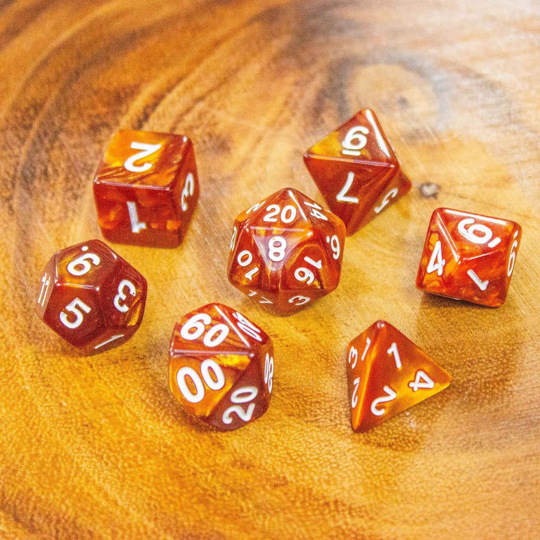 Pearl Brown DnD Dice, forge epic tales with these dark Brown swirling beauties with white numbering. Crafting density for ultimate damage - MysteryDiceGoblins