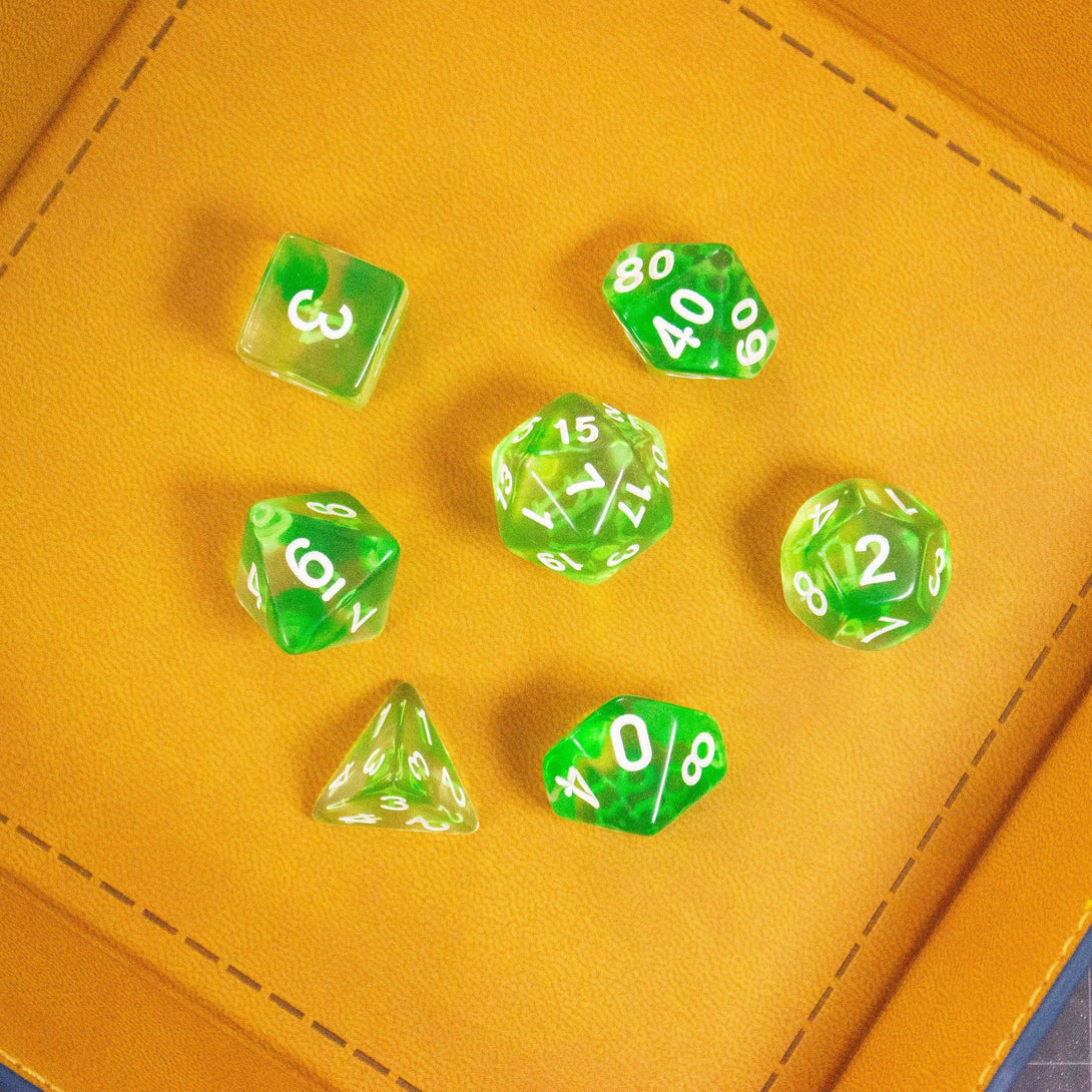 Green Swish DnD Dice. Dive into enchanting adventures with these captivating, green, earthy dice. Easy-to-read white numbering - MysteryDiceGoblins