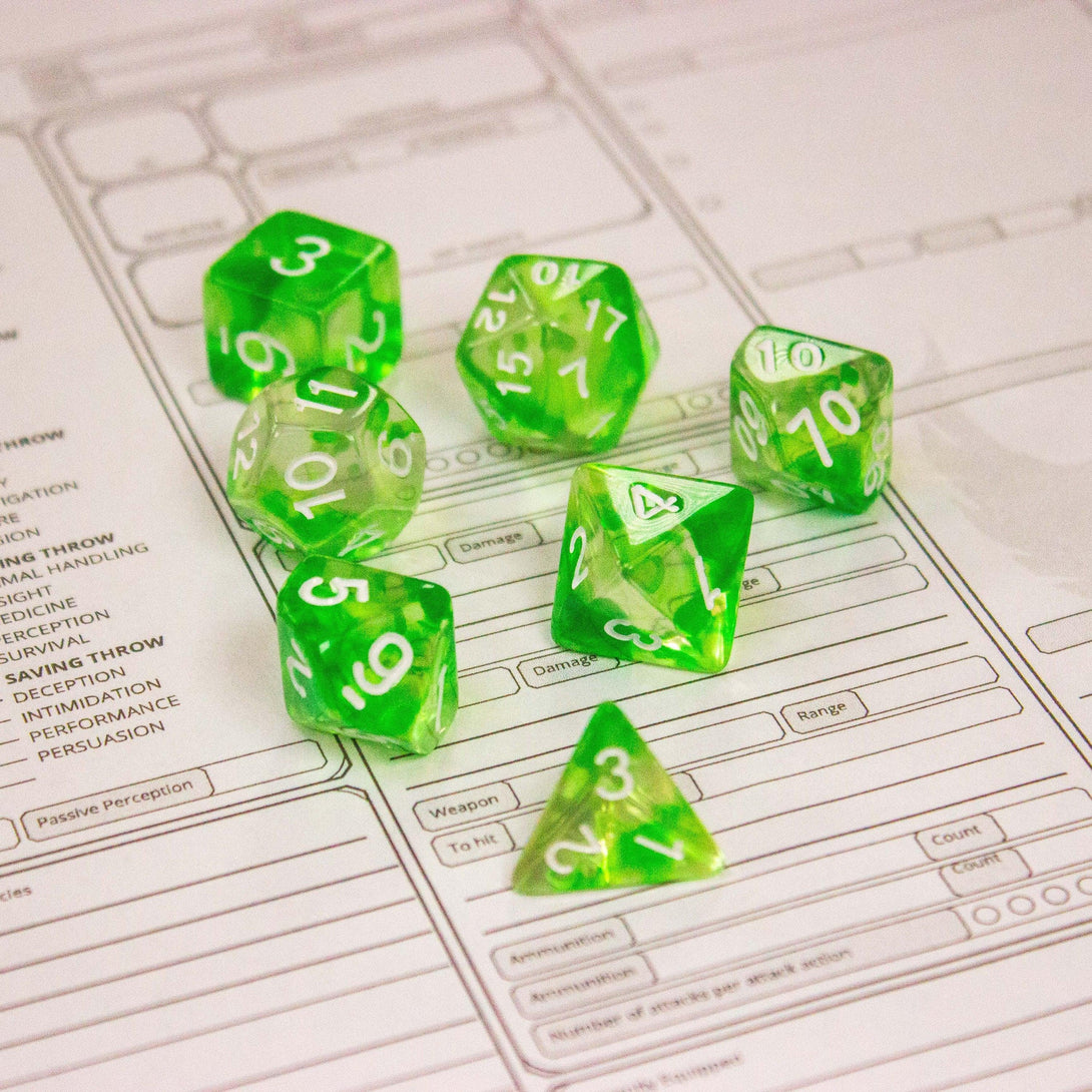 Green Swish DnD Dice. Dive into enchanting adventures with these captivating, green, earthy dice. Easy-to-read white numbering - MysteryDiceGoblins