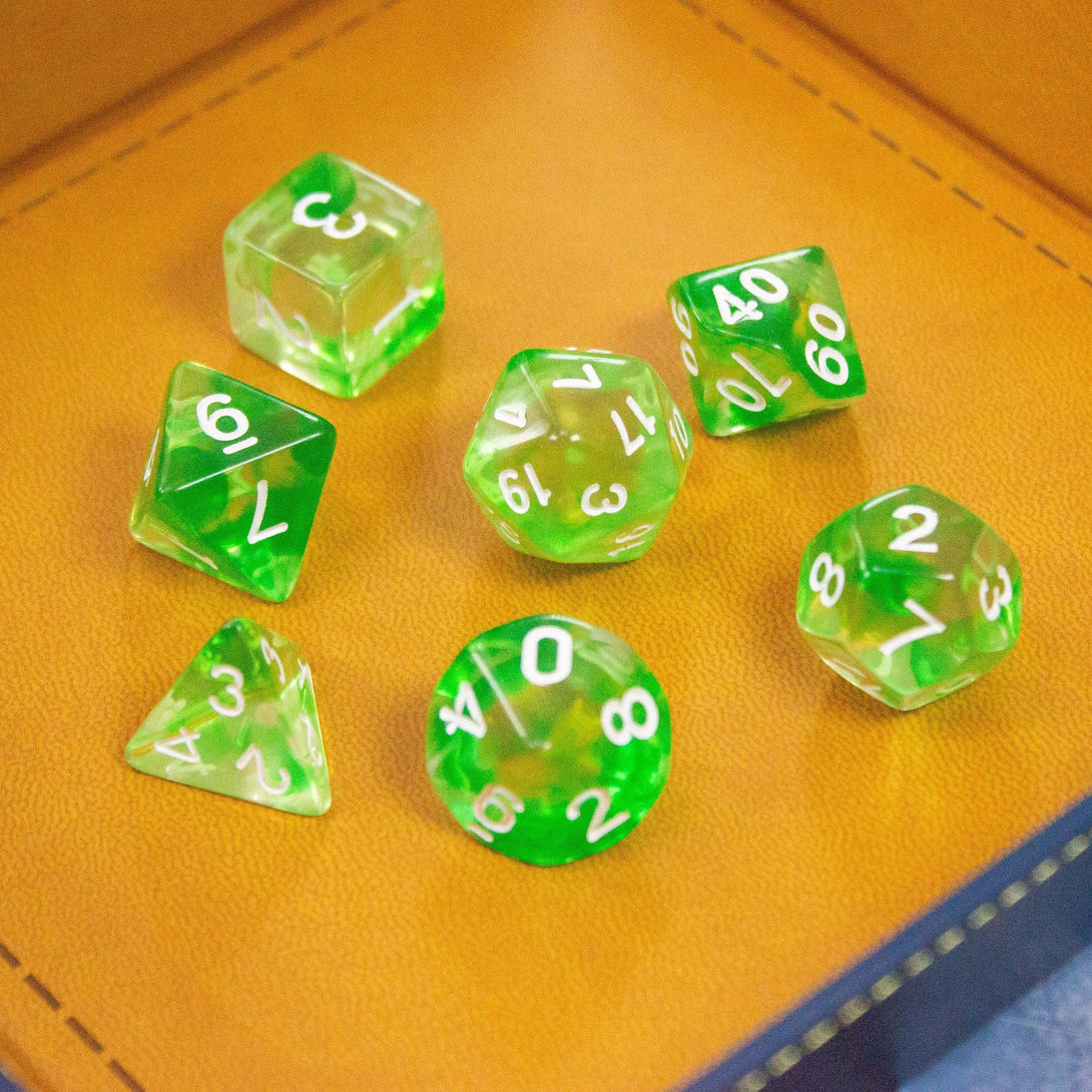 Green Swish DnD Dice. Dive into enchanting adventures with these captivating, green, earthy dice. Easy-to-read white numbering - MysteryDiceGoblins