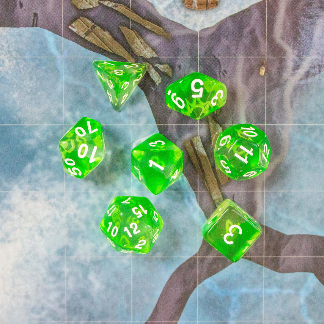 Green Swish DnD Dice. Dive into enchanting adventures with these captivating, green, earthy dice. Easy-to-read white numbering - MysteryDiceGoblins