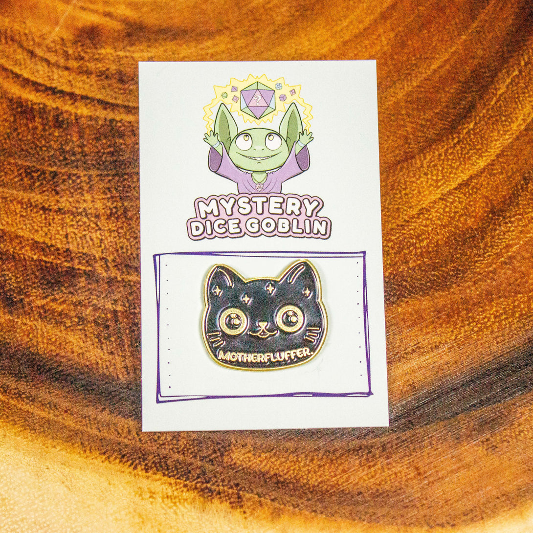 Motherfluffer Black Cat Badge Enamel Pin Broach Dnd Dungeons and Dragons Gold Lined Humerous Joke Gift - MysteryDiceGoblins