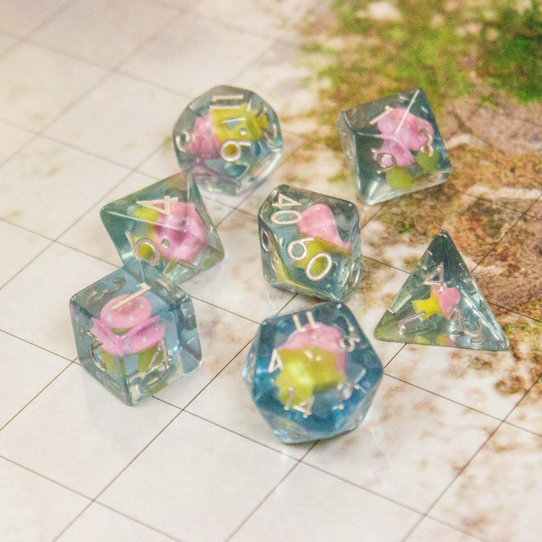 Blue Pink Mushroom DnD Dice Set| Dungeons and Dragons Transparent Pink Dice (7) | Polyhedral Dice - MysteryDiceGoblins