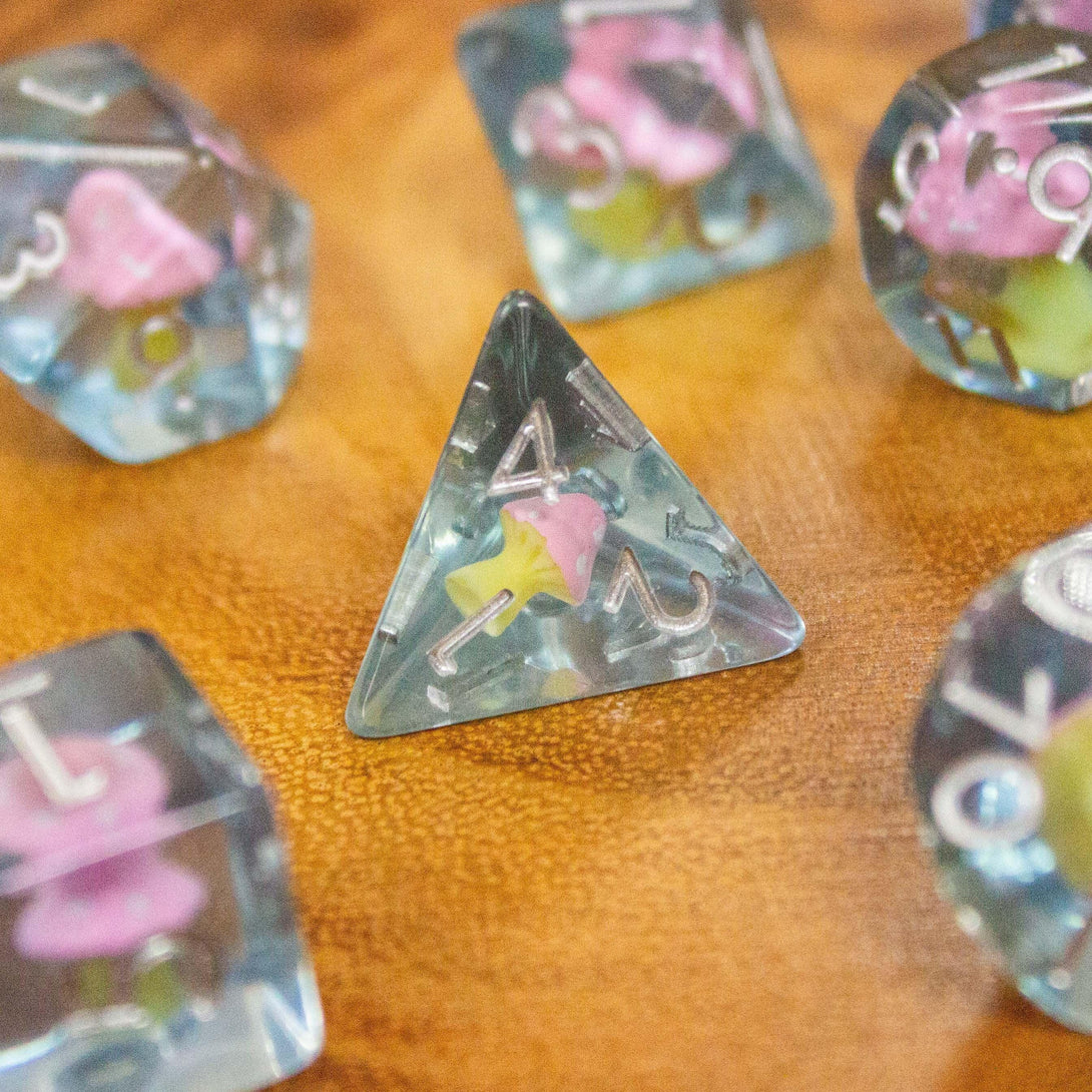 Blue Pink Mushroom DnD Dice Set| Dungeons and Dragons Transparent Pink Dice (7) | Polyhedral Dice - MysteryDiceGoblins