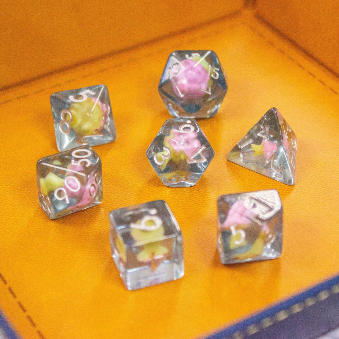 Blue Pink Mushroom DnD Dice Set| Dungeons and Dragons Transparent Pink Dice (7) | Polyhedral Dice - MysteryDiceGoblins