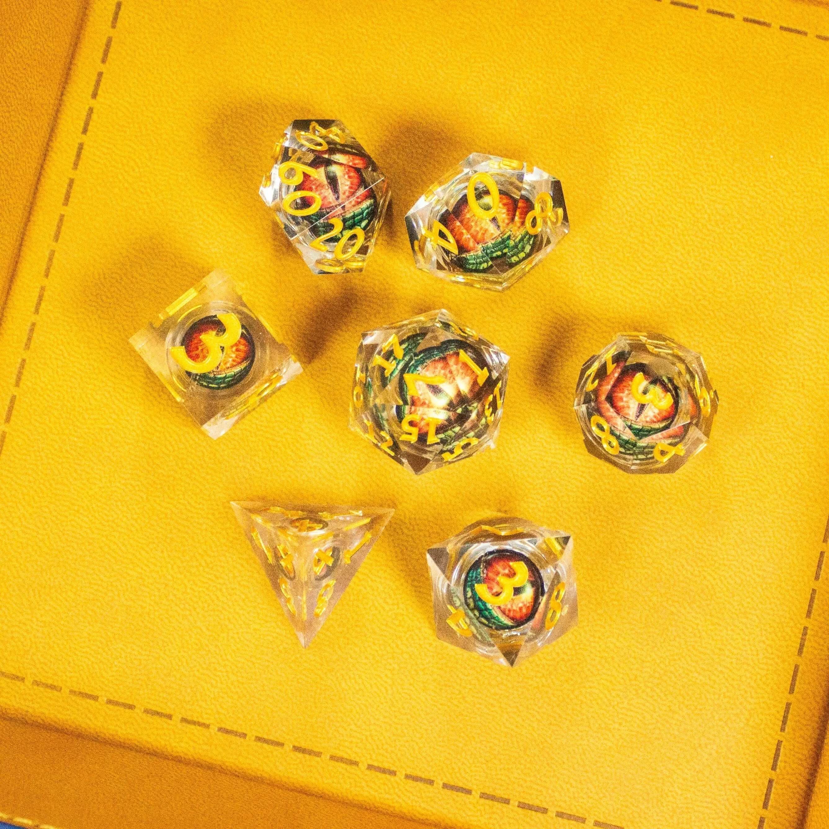 Liquid Core Moving Oragne Dragon Eye TTRPG  Dice. Sharp Edged Dice    TTRPG  - MysteryDiceGoblins