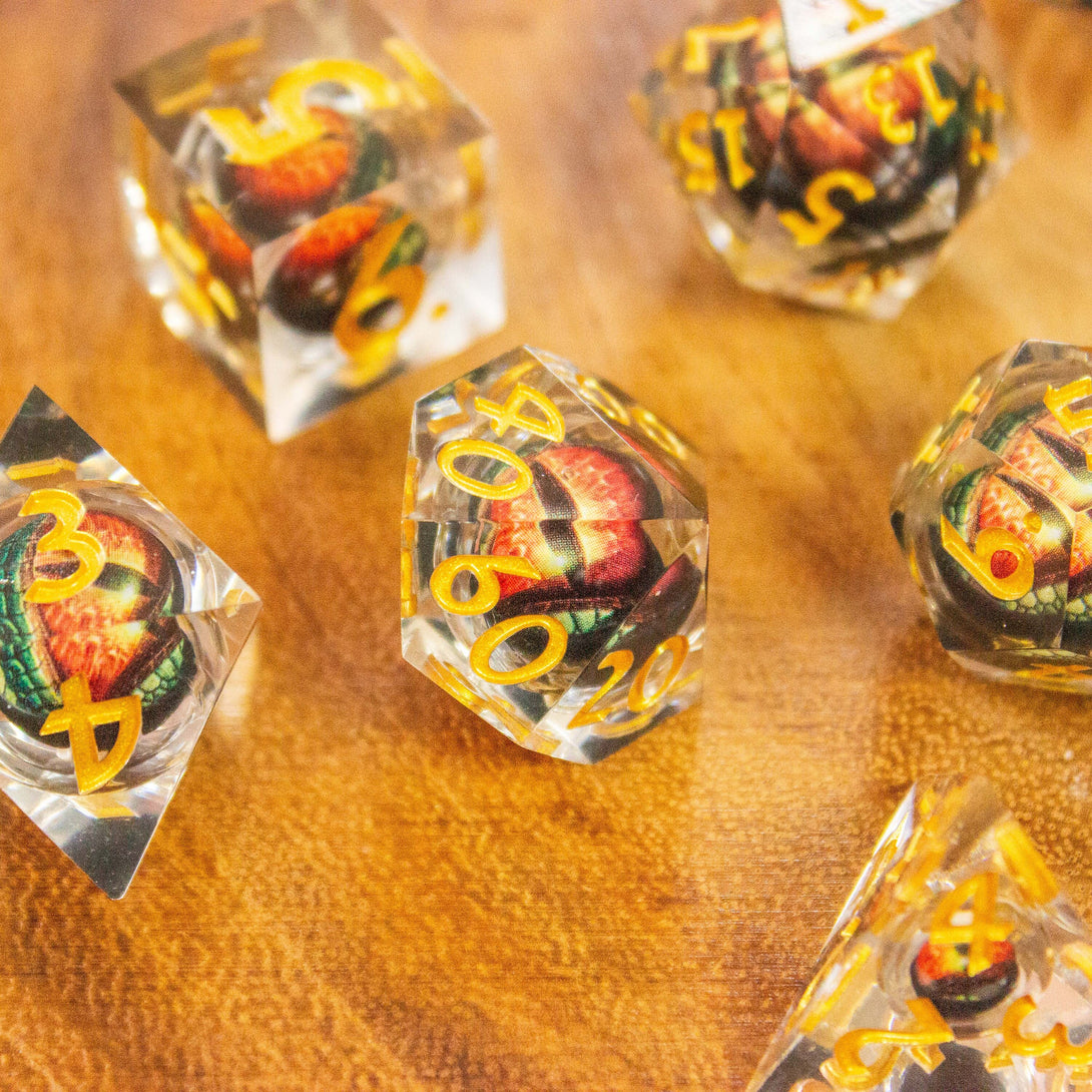 Liquid Core Moving Oragne Dragon Eye DnD Dice. Sharp Edged Dice Dungeons and Dragons Dnd - MysteryDiceGoblins
