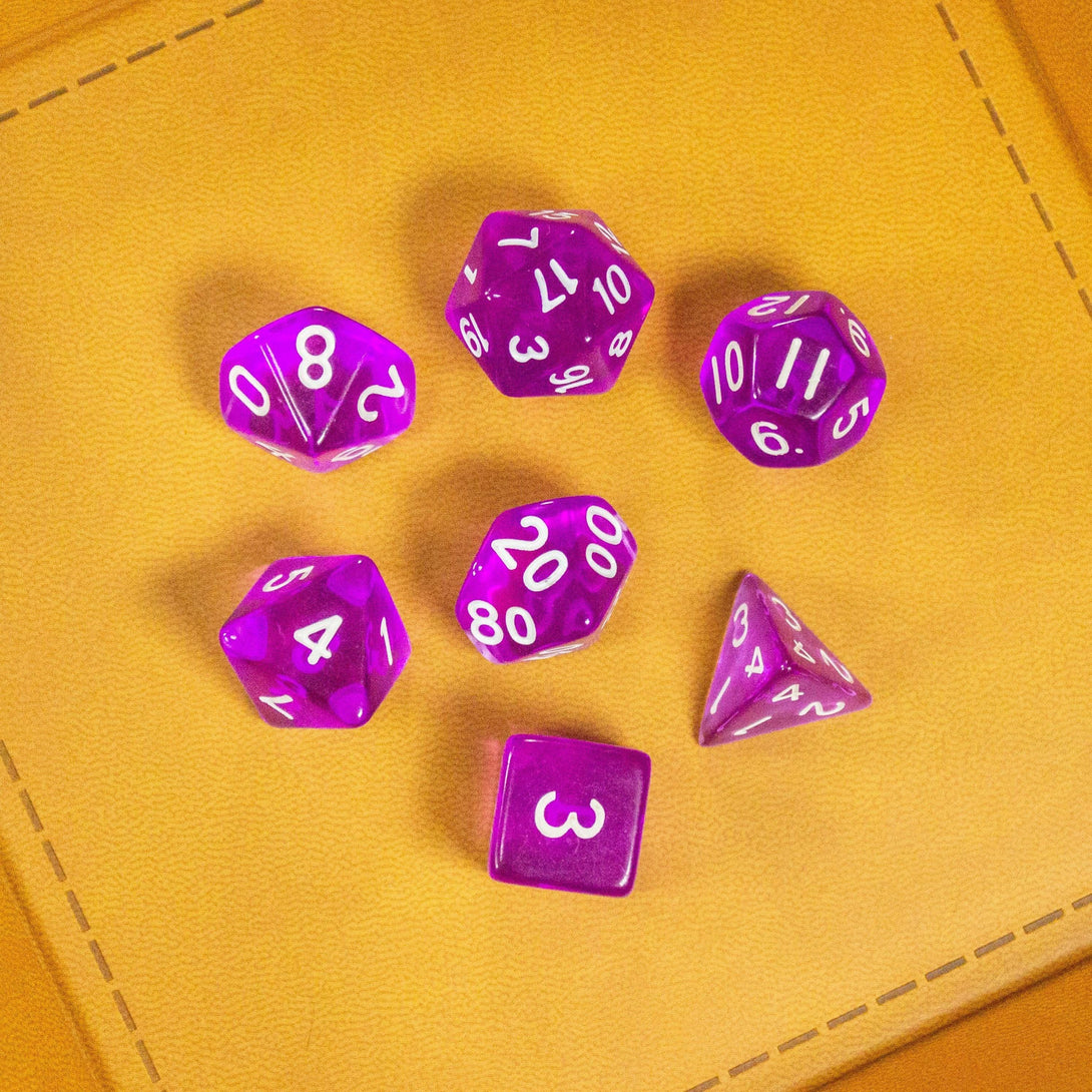 Purple Dice. Crystal-clear, bright Purple beauties to add a touch of frosty magic to your tabletop adventures. Easy to read DnD numbering - MysteryDiceGoblins