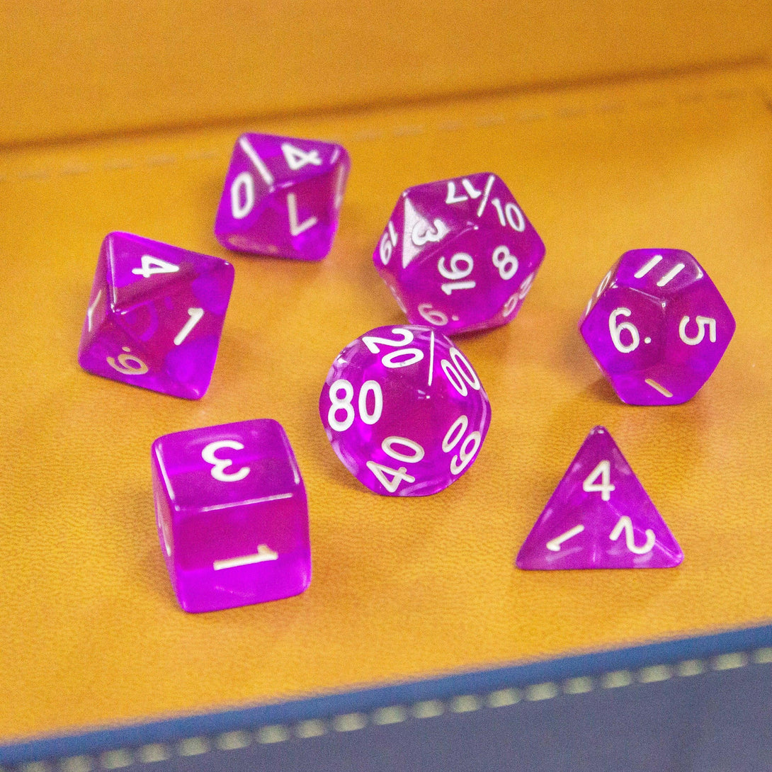 Purple Dice. Crystal-clear, bright Purple beauties to add a touch of frosty magic to your tabletop adventures. Easy to read DnD numbering - MysteryDiceGoblins