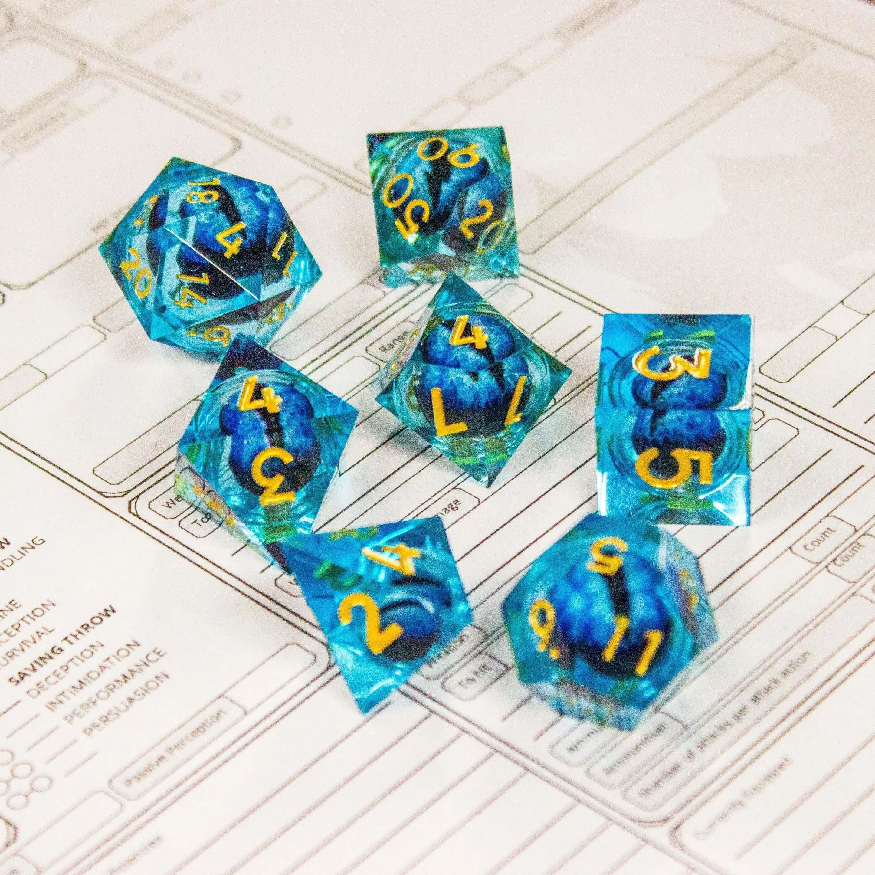 Liquid Core Moving Blue Snake Eye TTRPG  Dice. Sharp Edged Dice    TTRPG  - MysteryDiceGoblins