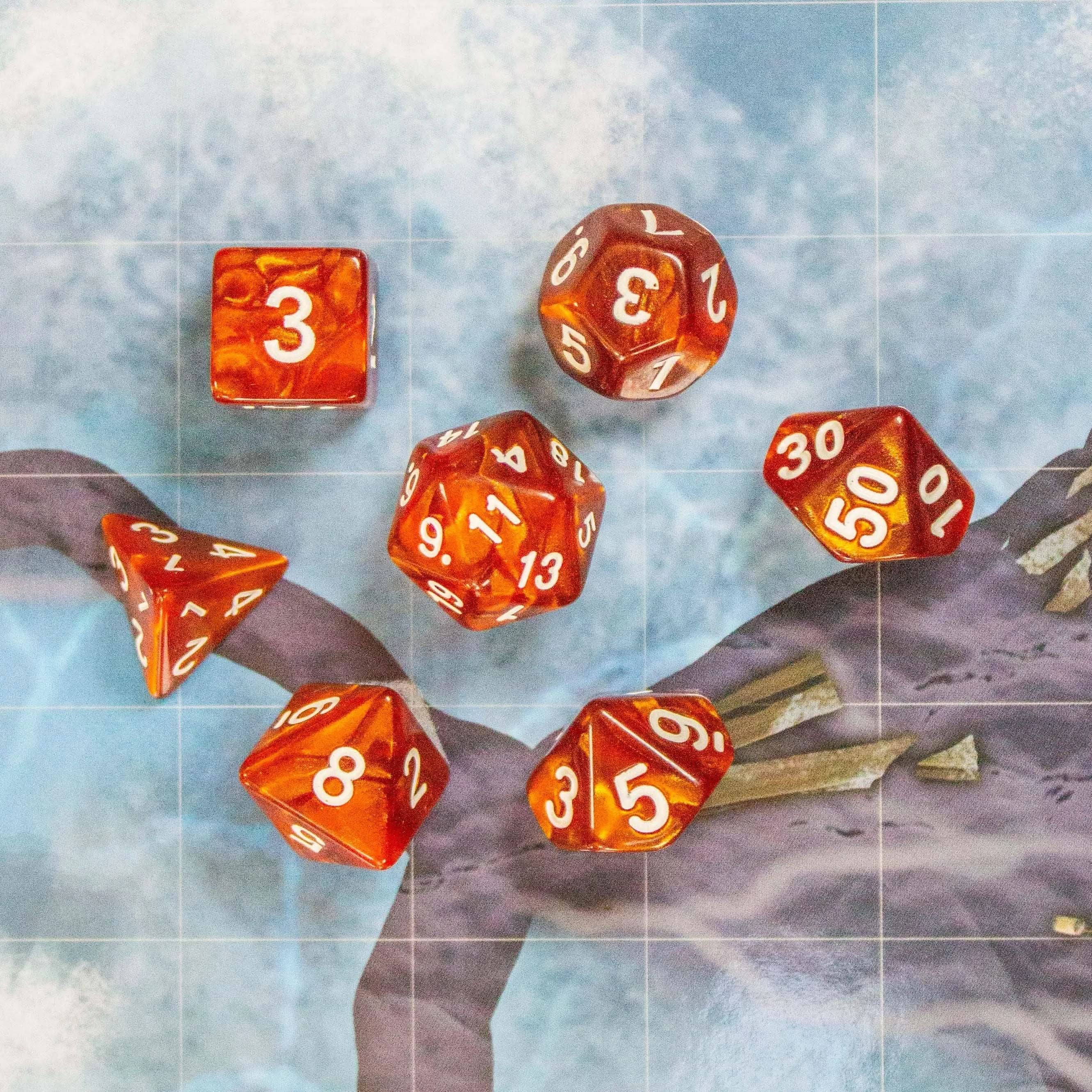 Pearl Brown TTRPG  Dice, forge epic tales with these dark Brown swirling beauties with white numbering. Crafting density for ultimate damage - MysteryDiceGoblins