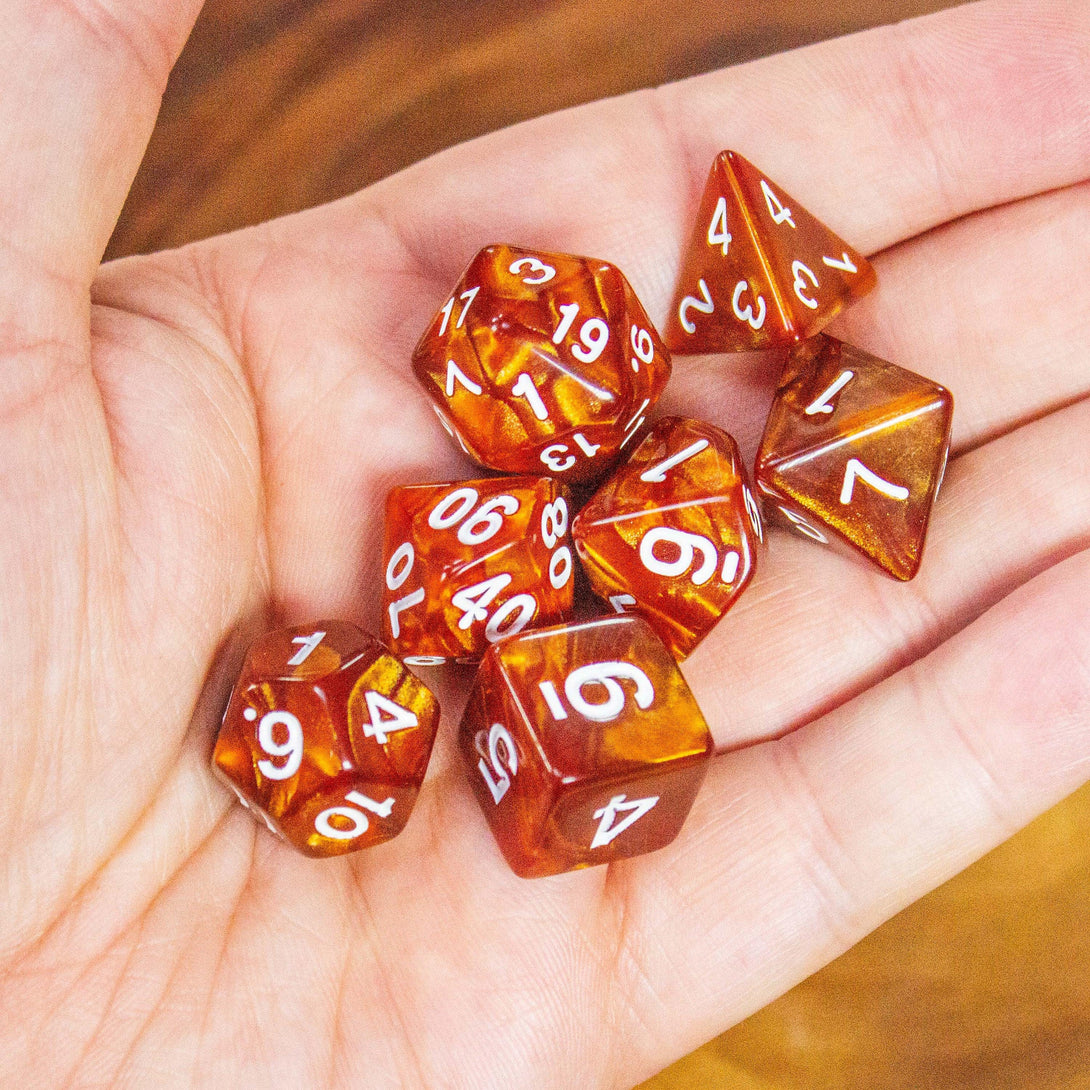 Pearl Brown DnD Dice, forge epic tales with these dark Brown swirling beauties with white numbering. Crafting density for ultimate damage - MysteryDiceGoblins