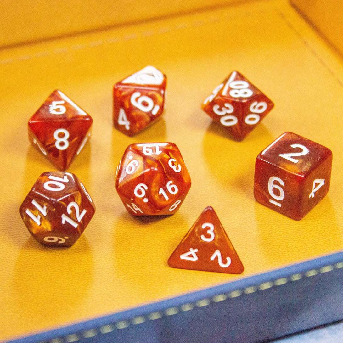 Pearl Brown DnD Dice, forge epic tales with these dark Brown swirling beauties with white numbering. Crafting density for ultimate damage - MysteryDiceGoblins