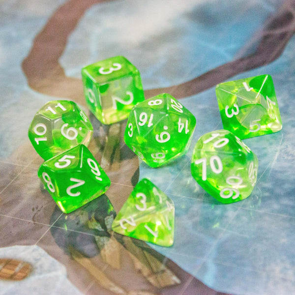 Green Swish DnD Dice. Dive into enchanting adventures with these captivating, green, earthy dice. Easy-to-read white numbering - MysteryDiceGoblins