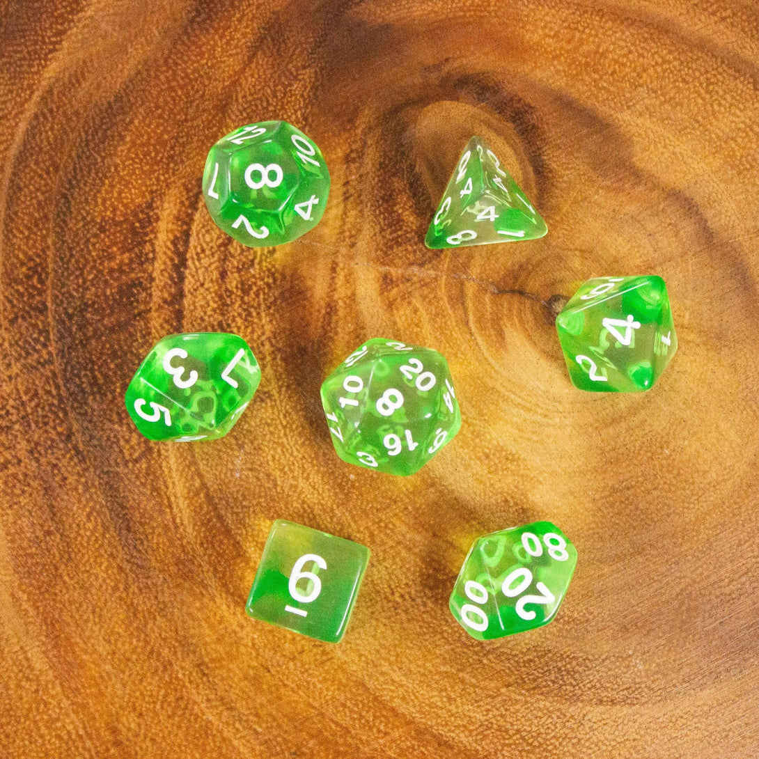 Green Swish DnD Dice. Dive into enchanting adventures with these captivating, green, earthy dice. Easy-to-read white numbering - MysteryDiceGoblins