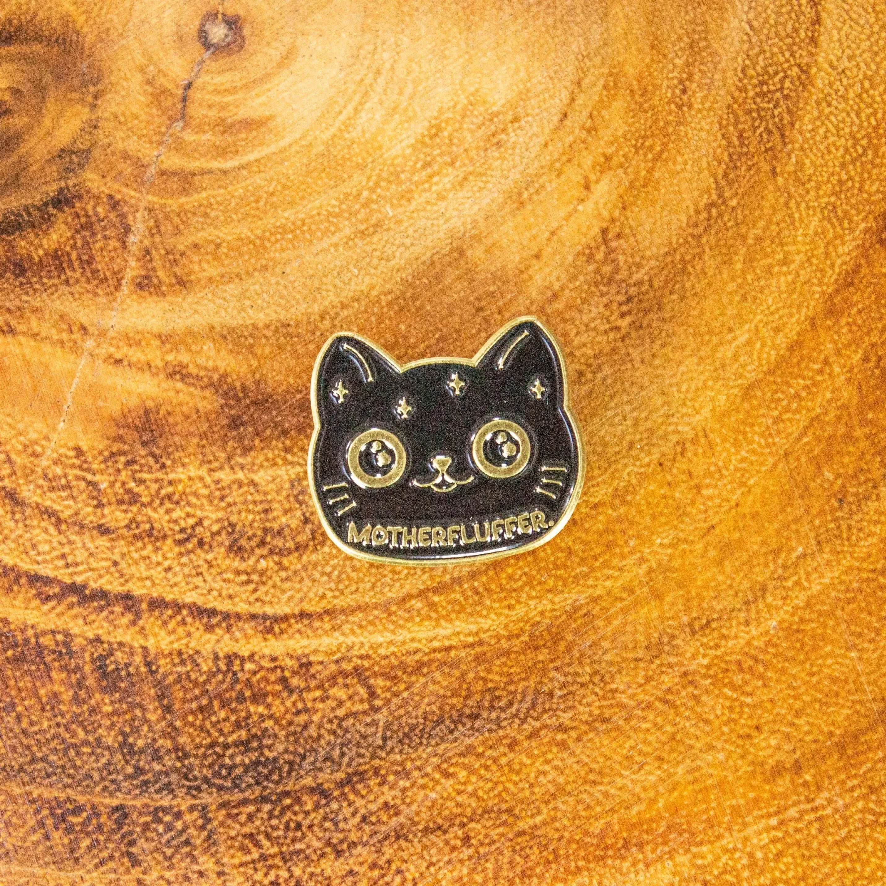 Motherfluffer Black Cat Badge Enamel Pin Broach TTRPG     Gold Lined Humerous Joke Gift - MysteryDiceGoblins