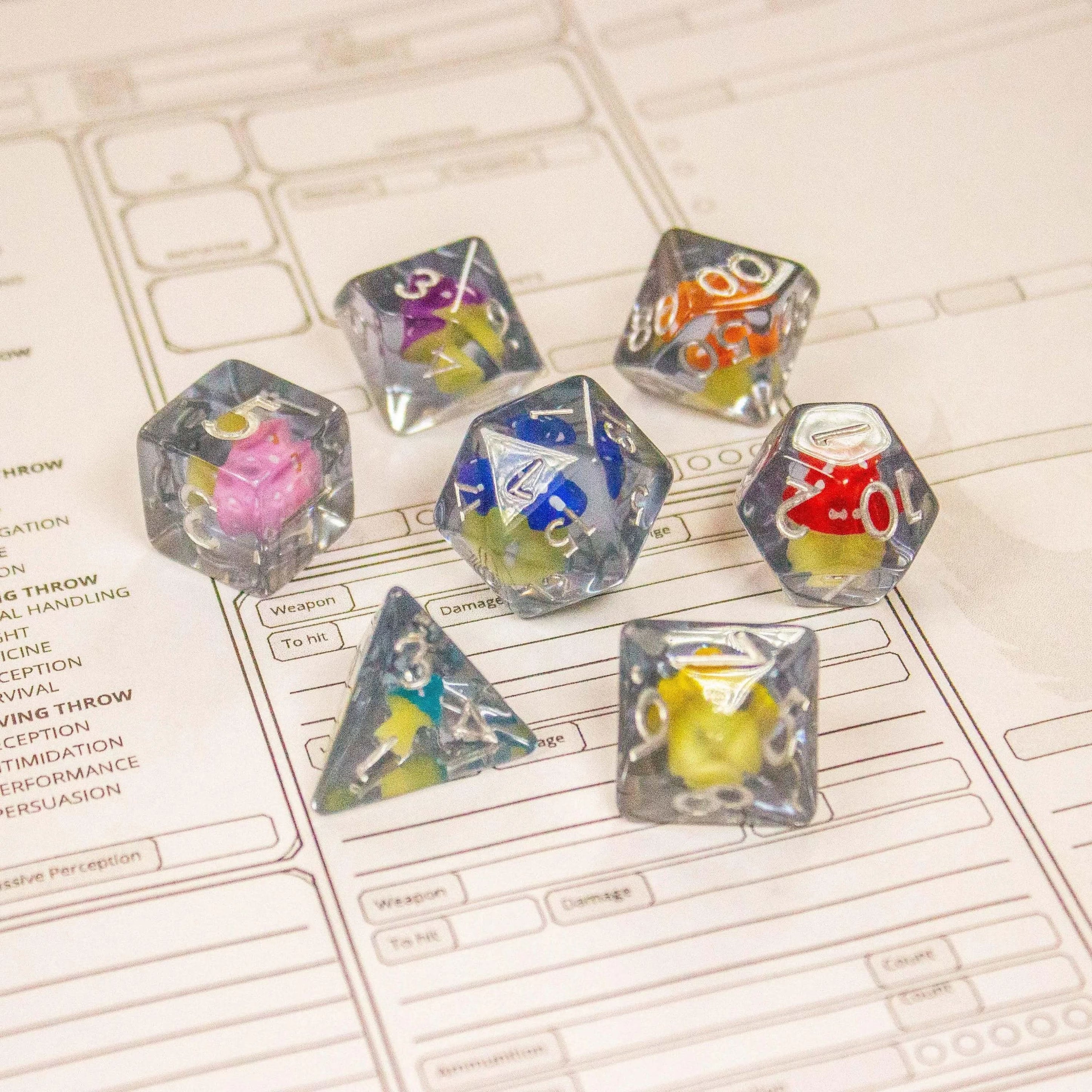 Multi-coloured Mushroom TTRPG  Dice Set|    Transparent Dice (7) | Polyhedral Dice Rainbow Mushroom - MysteryDiceGoblins
