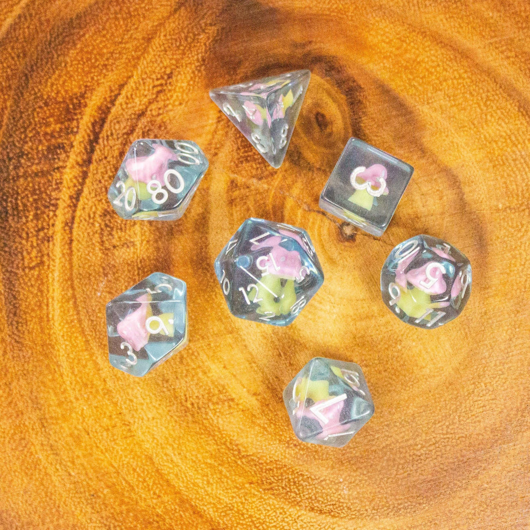 Blue Pink Mushroom DnD Dice Set| Dungeons and Dragons Transparent Pink Dice (7) | Polyhedral Dice - MysteryDiceGoblins