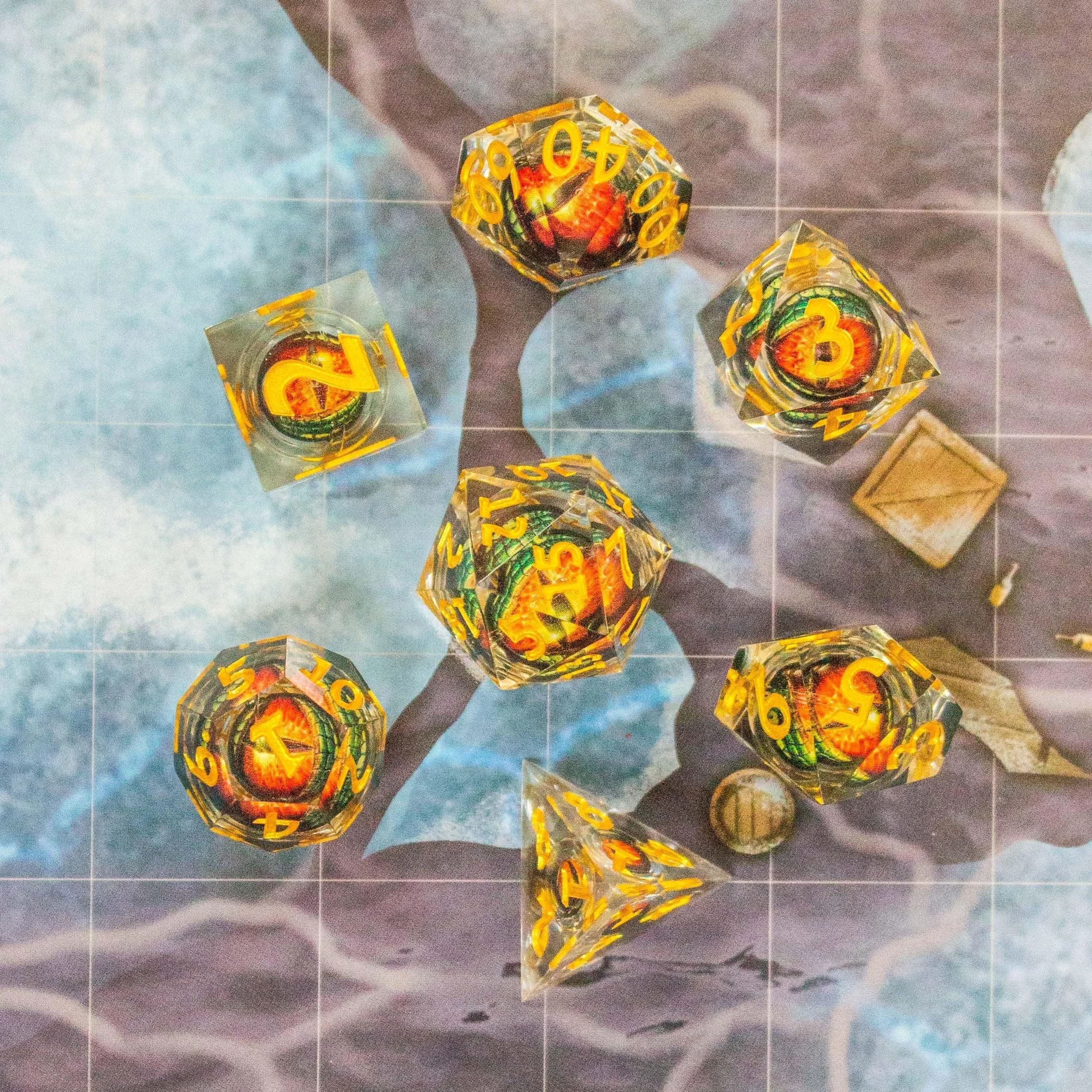 Liquid Core Moving Oragne Dragon Eye TTRPG  Dice. Sharp Edged Dice    TTRPG  - MysteryDiceGoblins