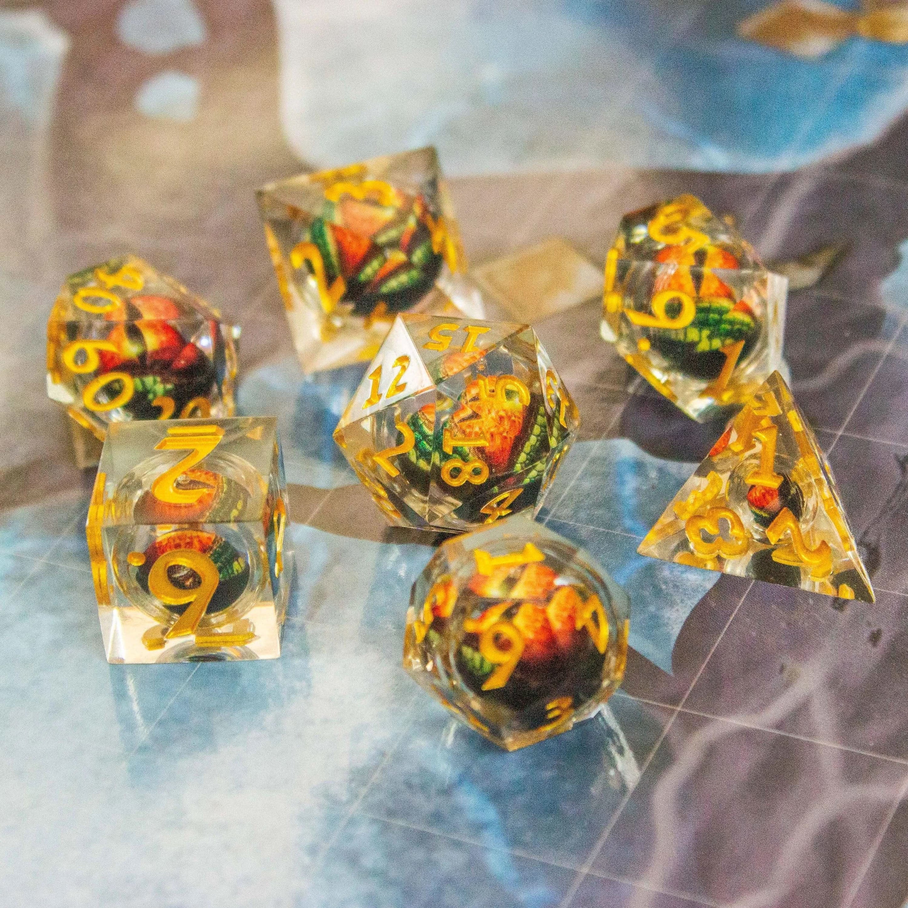 Liquid Core Moving Oragne Dragon Eye TTRPG  Dice. Sharp Edged Dice    TTRPG  - MysteryDiceGoblins