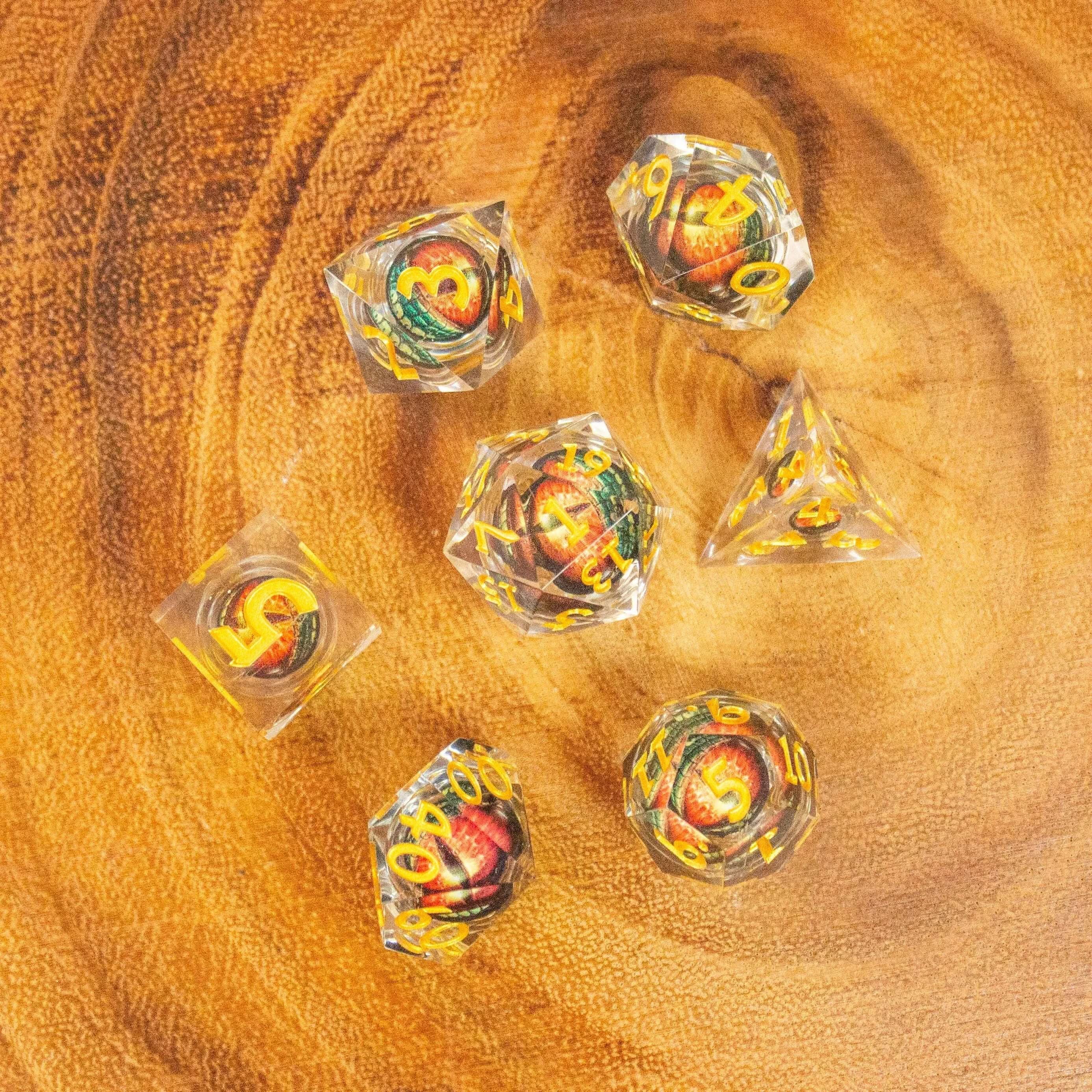 Liquid Core Moving Oragne Dragon Eye TTRPG  Dice. Sharp Edged Dice    TTRPG  - MysteryDiceGoblins