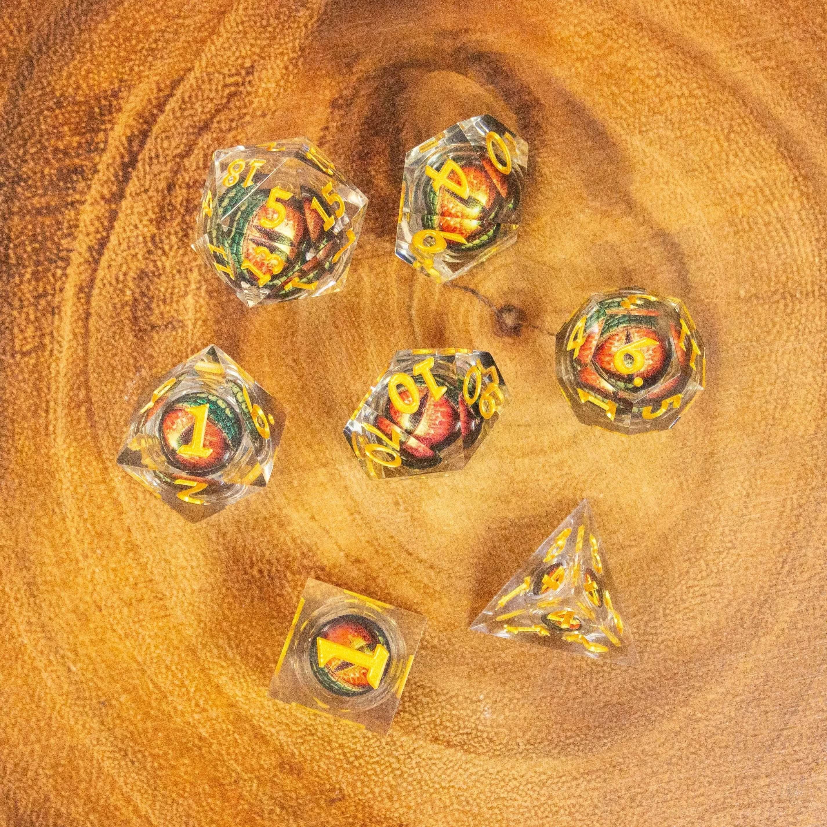 Liquid Core Moving Oragne Dragon Eye TTRPG  Dice. Sharp Edged Dice    TTRPG  - MysteryDiceGoblins