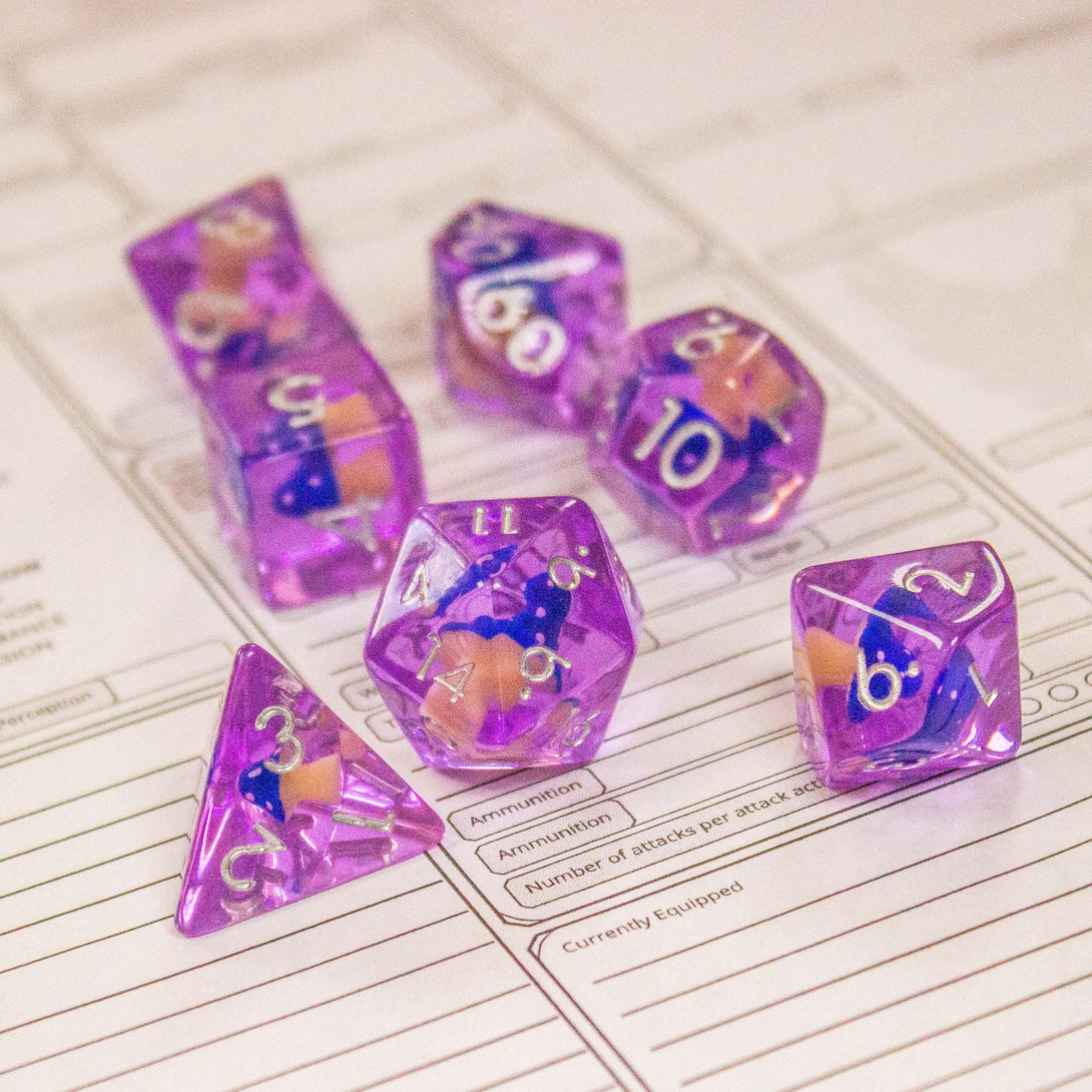 Purple Blue Mushroom DnD Dice Set| Dungeons and Dragons Transparent Purple Dice (7) | Polyhedral Dice - MysteryDiceGoblins