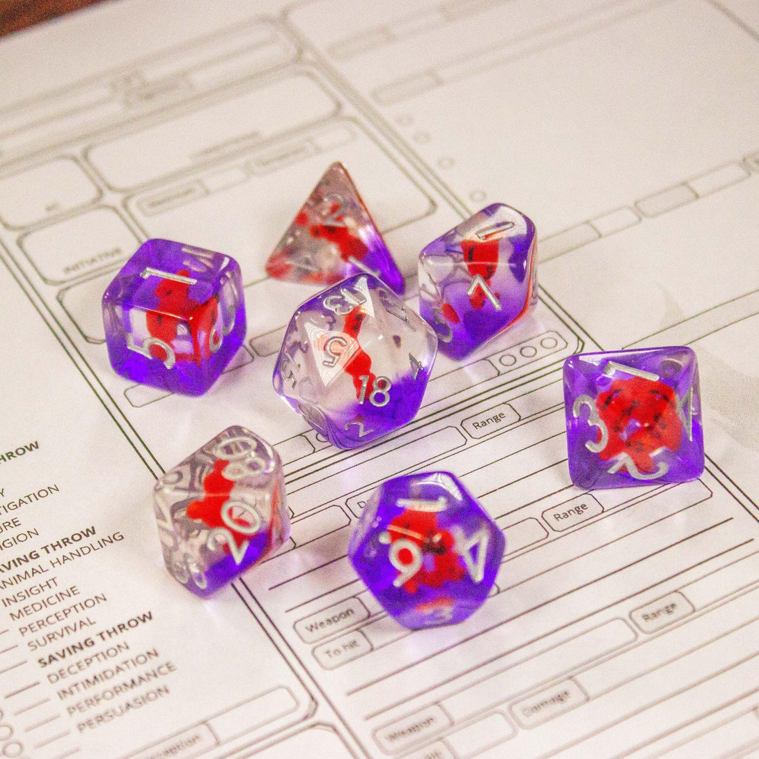 Red Bear DnD Dice Set| Dungeons and Dragons Transparent Purple See through Dice (7) | Polyhedral Dice - MysteryDiceGoblins