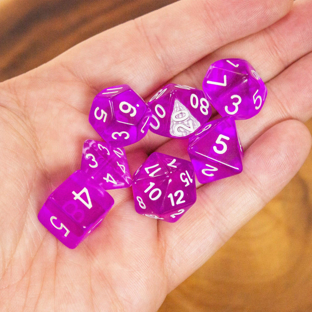 Purple Dice. Crystal-clear, bright Purple beauties to add a touch of frosty magic to your tabletop adventures. Easy to read DnD numbering - MysteryDiceGoblins