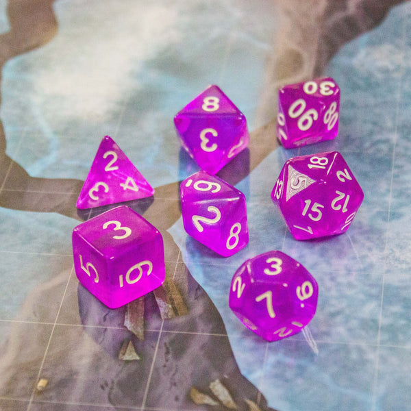 Purple Dice. Crystal-clear, bright Purple beauties to add a touch of frosty magic to your tabletop adventures. Easy to read DnD numbering - MysteryDiceGoblins