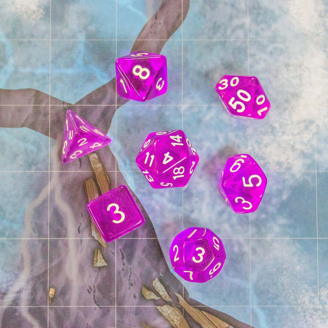 Purple Dice. Crystal-clear, bright Purple beauties to add a touch of frosty magic to your tabletop adventures. Easy to read DnD numbering - MysteryDiceGoblins