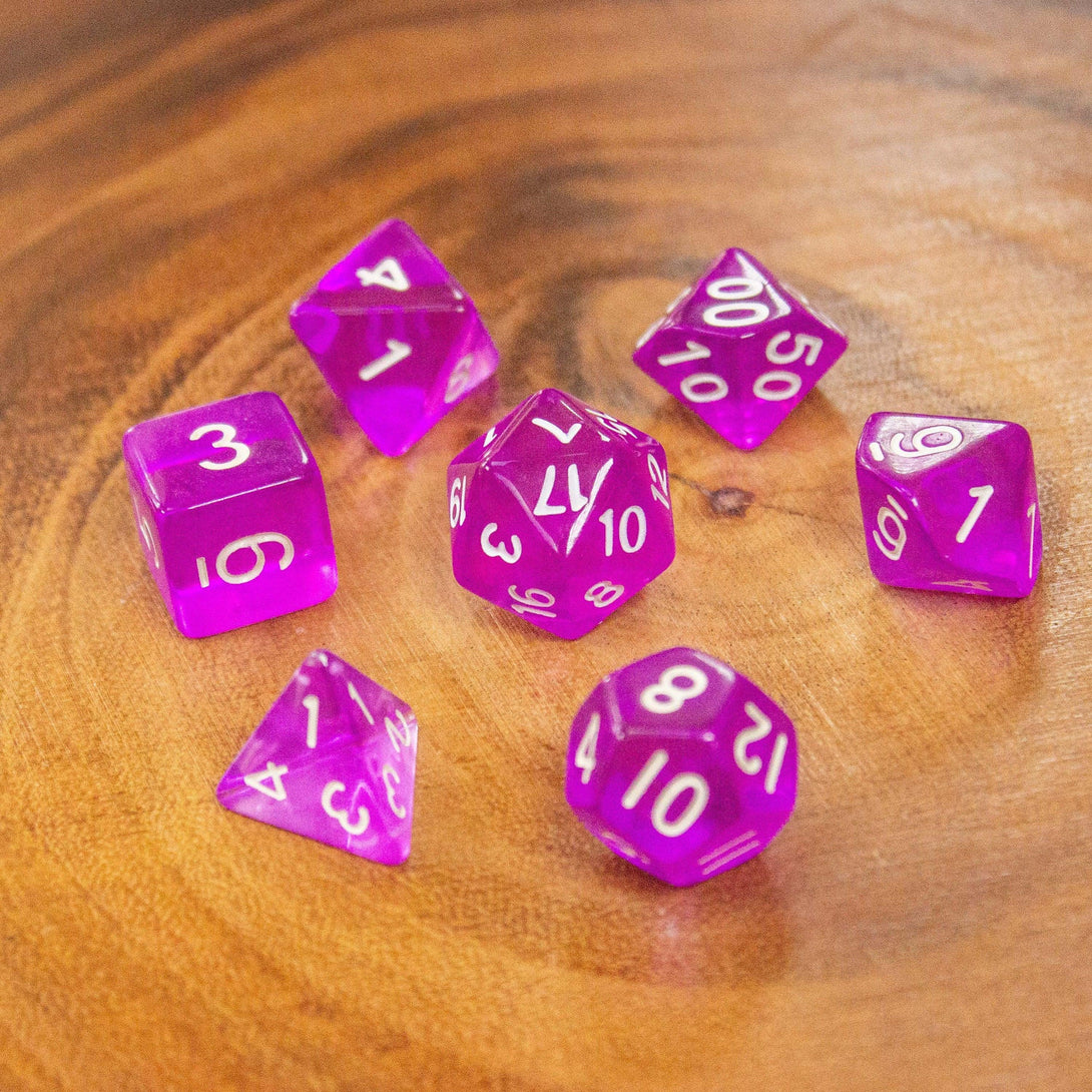 Purple Dice. Crystal-clear, bright Purple beauties to add a touch of frosty magic to your tabletop adventures. Easy to read DnD numbering - MysteryDiceGoblins