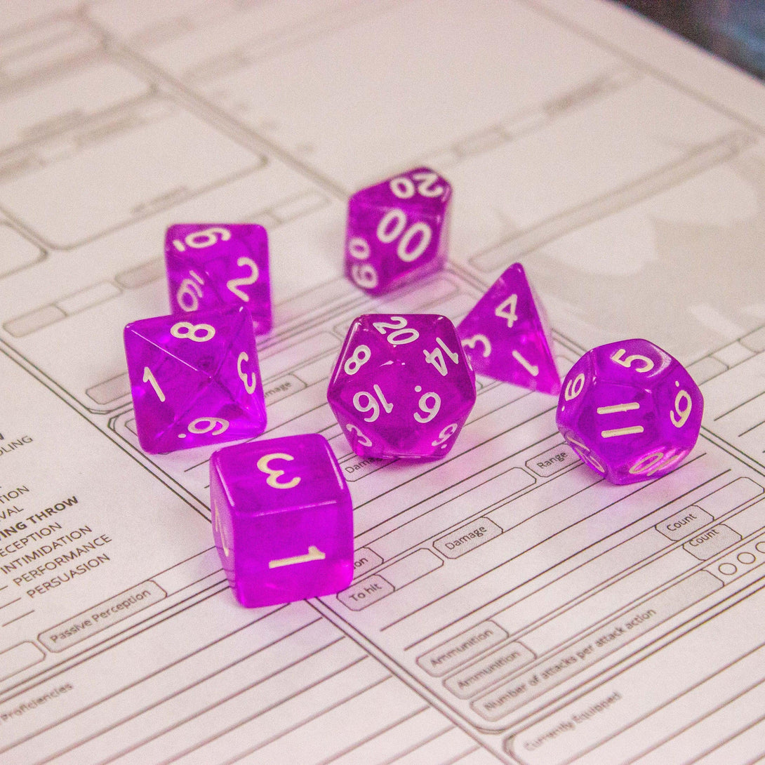 Purple Dice. Crystal-clear, bright Purple beauties to add a touch of frosty magic to your tabletop adventures. Easy to read DnD numbering - MysteryDiceGoblins