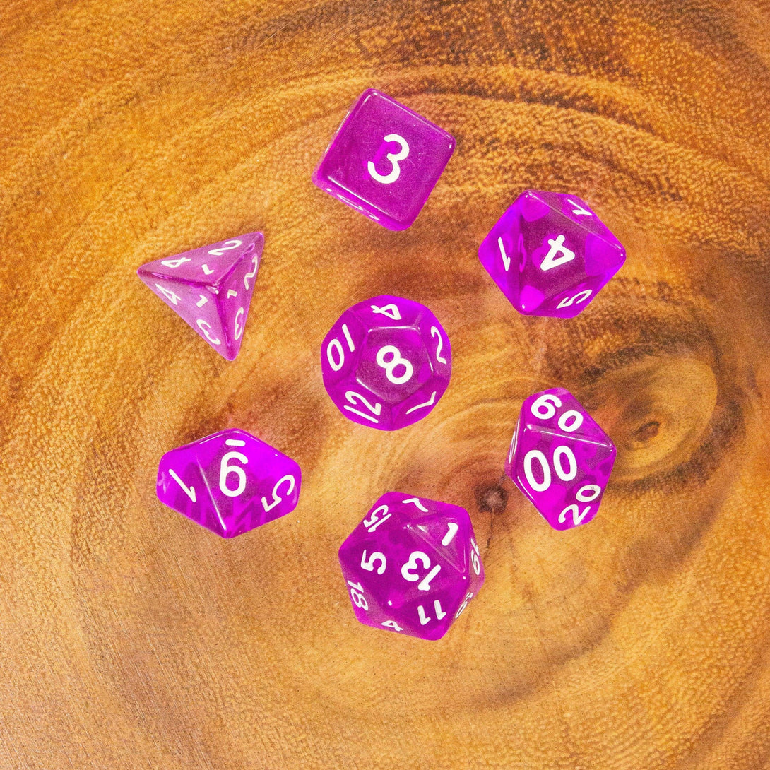 Purple Dice. Crystal-clear, bright Purple beauties to add a touch of frosty magic to your tabletop adventures. Easy to read DnD numbering - MysteryDiceGoblins