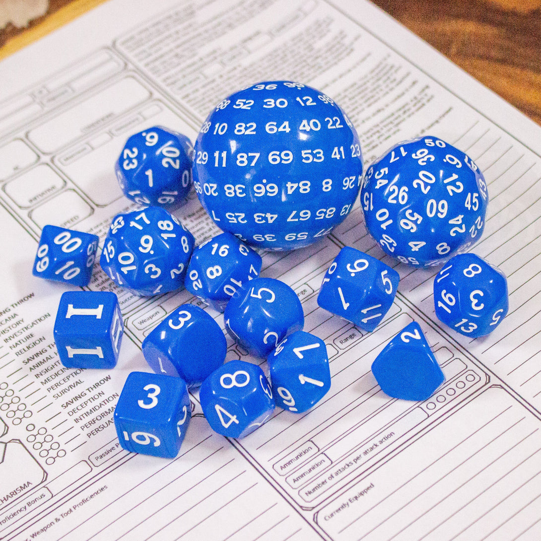 Block Blue with White Numbering Dnd RPG 15 Piece Dice Set Zocchi Polyhedral dice Set D100 dice D60 dice D30 Dice - MysteryDiceGoblins