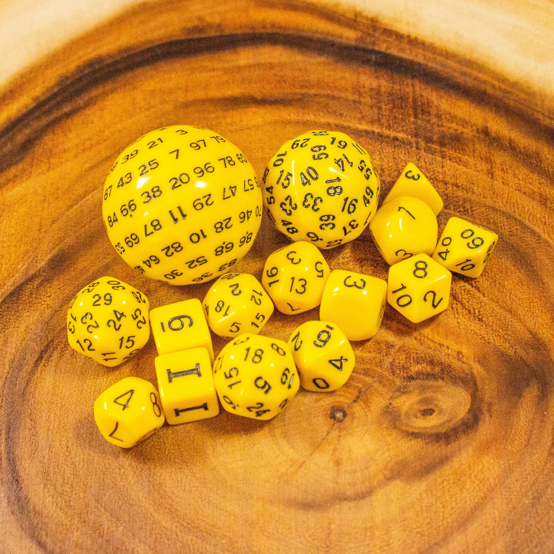 Block Yellow with Black Numbering Dnd RPG 15 Piece Dice Set Zocchi Polyhedral dice Set D100 dice D60 dice D30 Dice - MysteryDiceGoblins