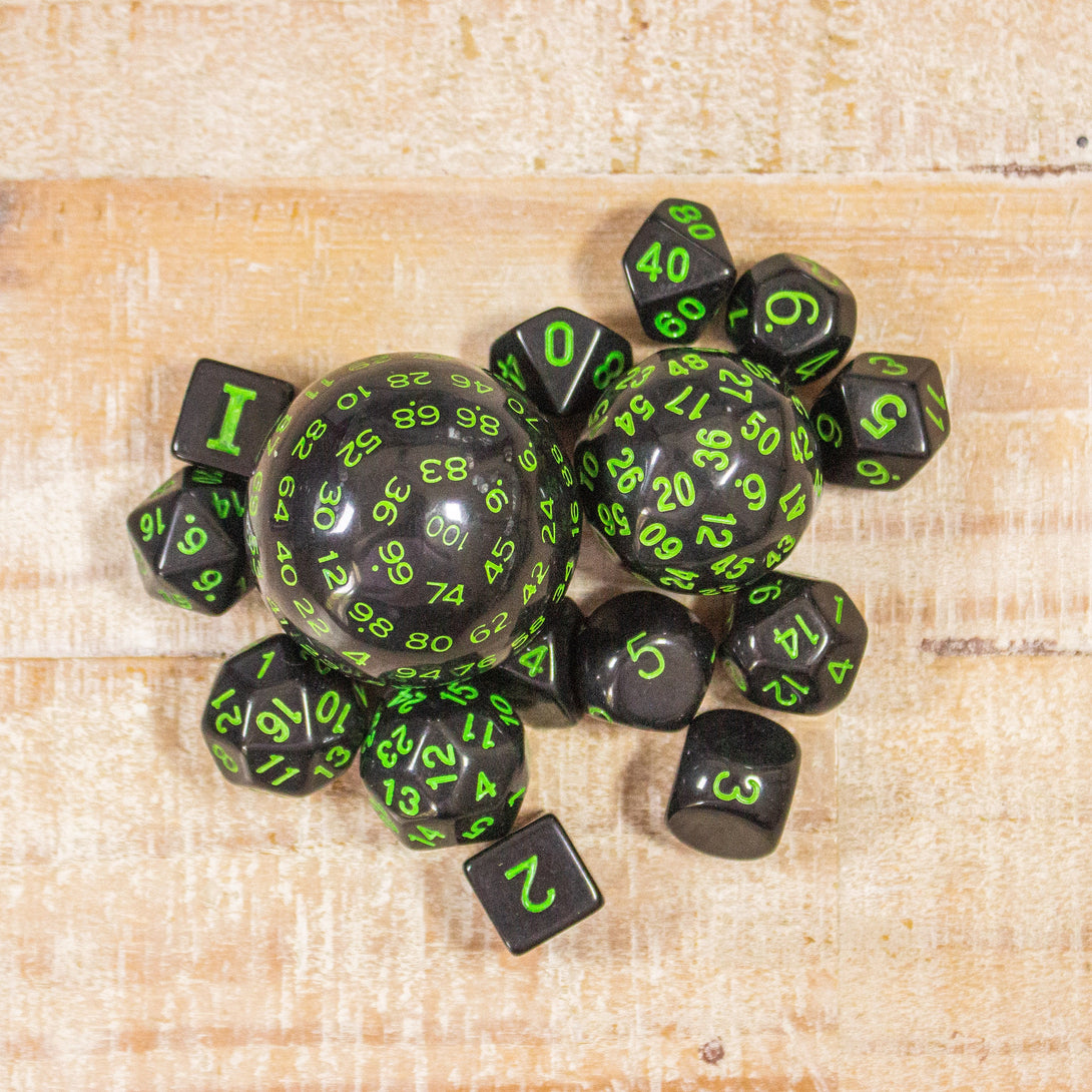 Block Black with Green Numbering Dnd RPG 15 Piece Dice Set Zocchi Polyhedral dice Set D100 dice D60 dice D30 Dice - MysteryDiceGoblins