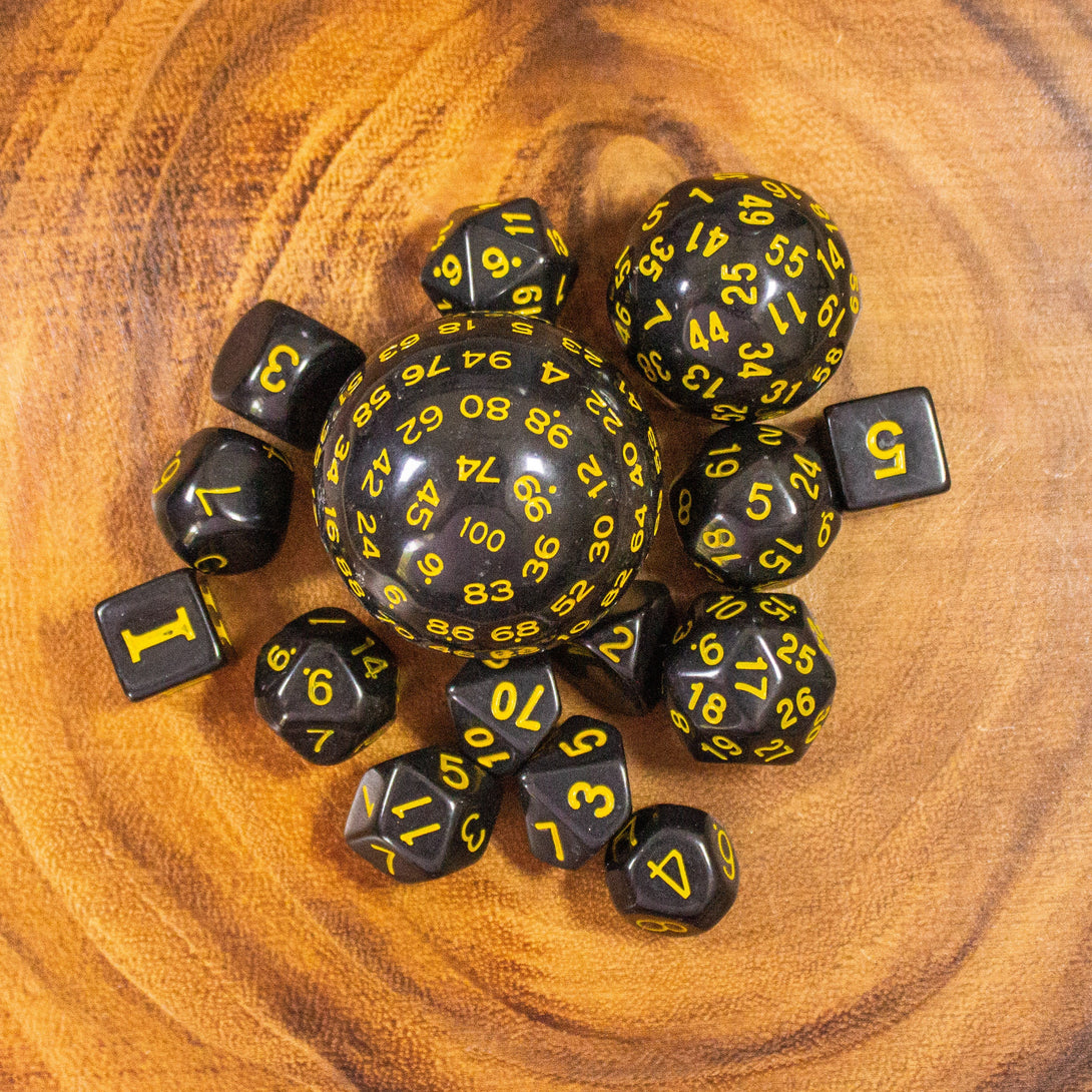 Block Black with Yellow Numbering Dnd RPG 15 Piece Dice Set Zocchi Polyhedral dice Set D100 dice D60 dice D30 Dice - MysteryDiceGoblins