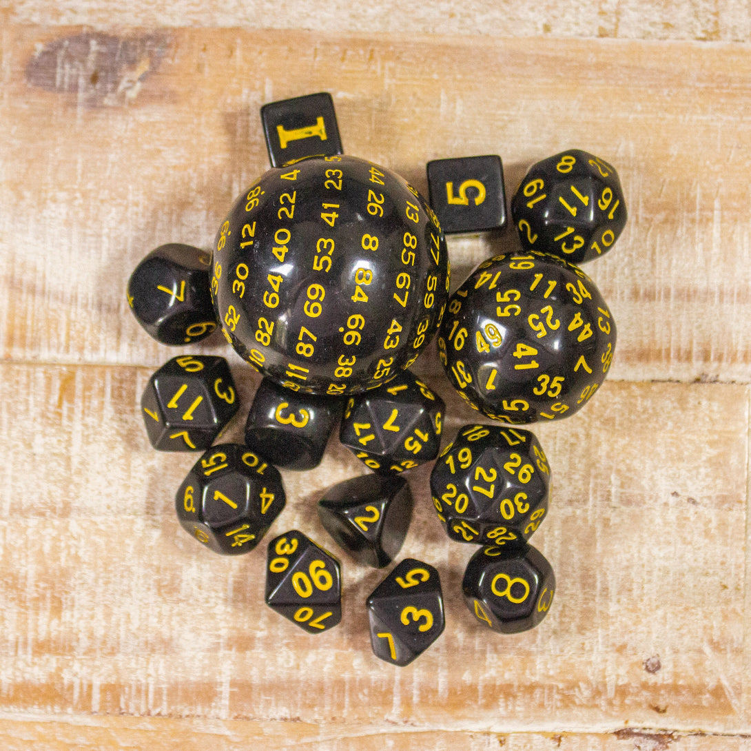 Block Black with Yellow Numbering Dnd RPG 15 Piece Dice Set Zocchi Polyhedral dice Set D100 dice D60 dice D30 Dice - MysteryDiceGoblins