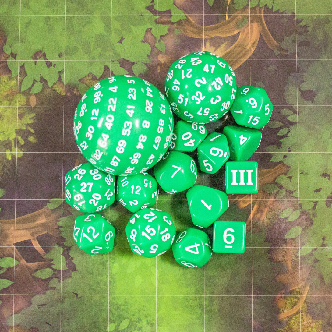 Block Green with White Numbering Dnd RPG 15 Piece Dice Set Zocchi Polyhedral dice Set D100 dice D60 dice D30 Dice - MysteryDiceGoblins