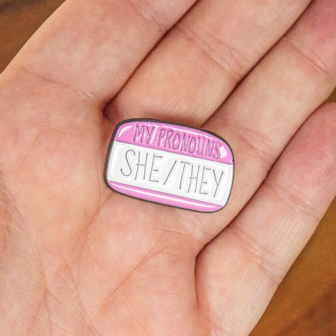 She/They Enamel Pin, Pink and White Non-binary pronoun badge pride - MysteryDiceGoblins