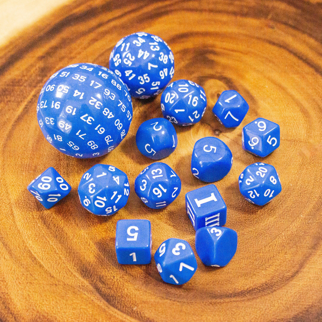 Block Blue with White Numbering Dnd RPG 15 Piece Dice Set Zocchi Polyhedral dice Set D100 dice D60 dice D30 Dice - MysteryDiceGoblins