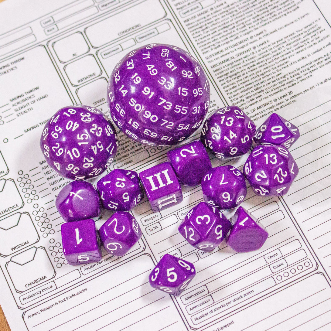 Block Purple with White Numbering Dnd RPG 15 Piece Dice Set Zocchi Polyhedral dice Set D100 dice D60 dice D30 Dice - MysteryDiceGoblins