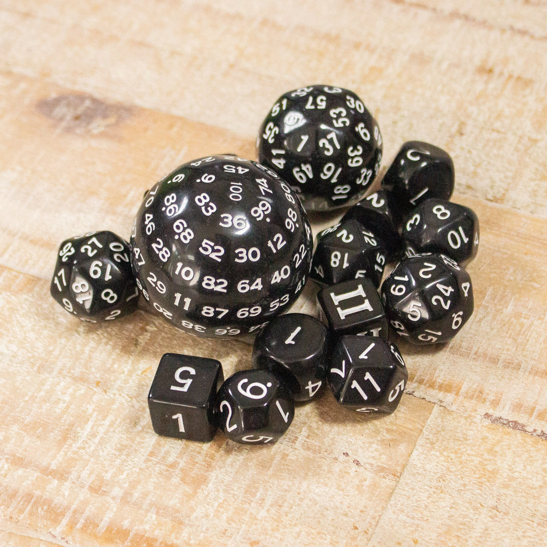 Block Black with White Numbering Dnd RPG 15 Piece Dice Set Zocchi Polyhedral dice Set D100 dice D60 dice D30 Dice - MysteryDiceGoblins